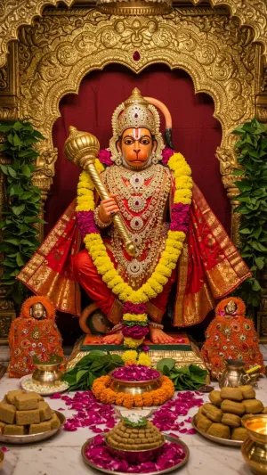 Divine Hanuman Ji Murti with Bhog and Garland