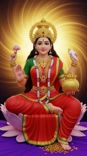 Goddess Lakshmi on Lotus with Gold Pot and Radiant Aura
