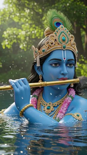 Shri Krishna Playing Flute in Water – Peaceful Divine Art