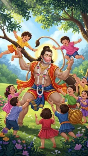 Cute Hanuman Playing with Kids in Garden – Cartoon Style