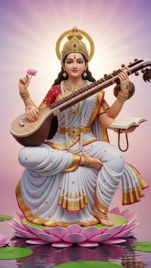 Goddess Saraswati Playing Veena on Lotus | Divine Art