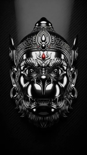 Chrome Metallic Hanuman Face Art on Black Carbon Background