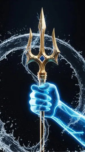 Trident's Power: Glowing Hand & Water Splash