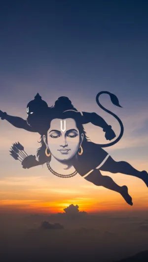 Lord Ram and Hanuman Flying in Sunset Sky Art