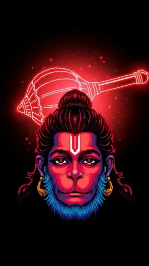 Neon Pixel Hanuman Face Wallpaper with Gada Glow