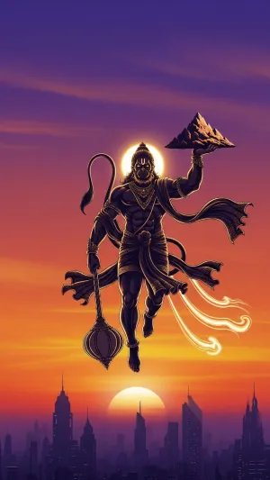 Hanuman Carrying Sanjeevani Mountain at Sunset