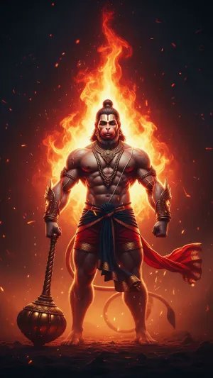 Fiery Lord Hanuman Standing with Gada in Divine Power