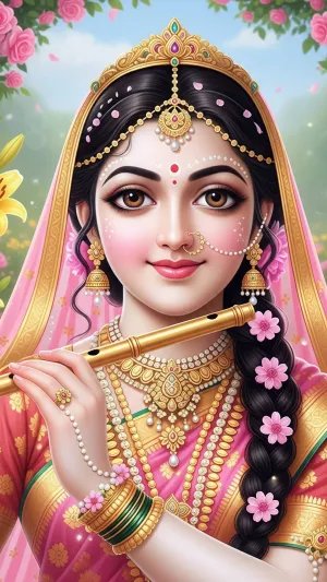 Radha Ji with Flute – Elegant Divine Portrait in Floral Garden