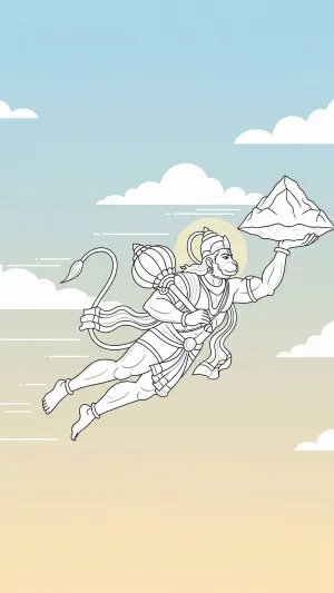 Flying Hanuman Ji with Sanjeevani – Minimal Line Art Wallpaper