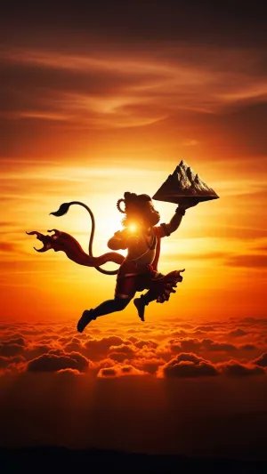 Flying Hanuman with Sanjeevani Mountain – Sunset Divine Wallpaper