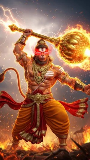 Warrior Hanuman with Fiery Gada – Ultimate Power Wallpaper