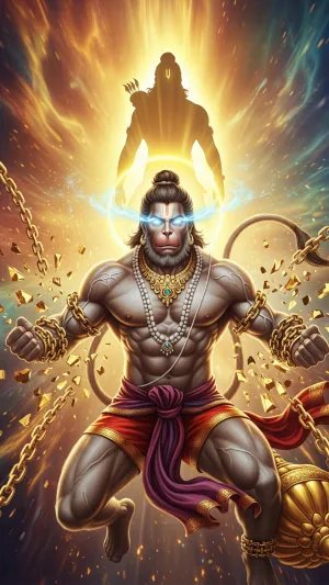 Divine Hanuman Unchained with Glowing Eyes & Lord Ram Aura