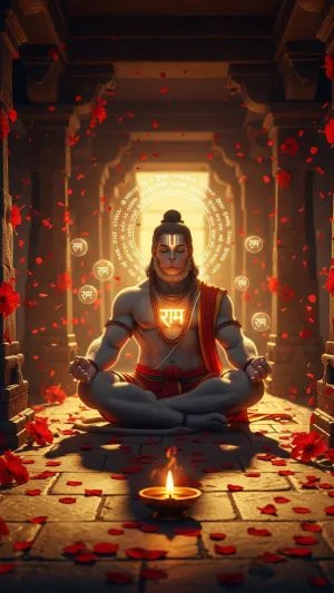 Hanuman Ji Meditating in Temple with Ram Naam Aura