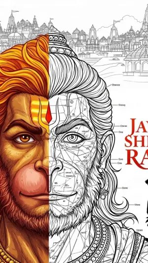 Hanuman & Shri Ram – Divine Half-Color Artwork with Ayodhya