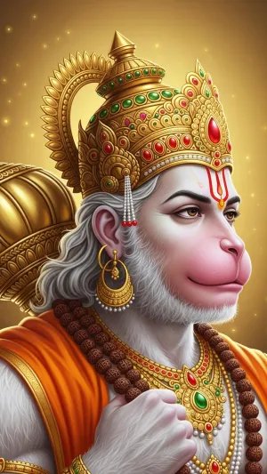 Majestic Hanuman with Golden Crown & Rudraksha Mala