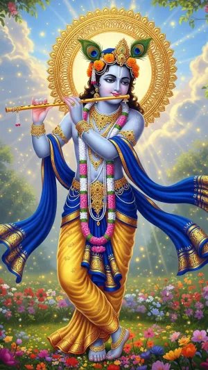 Divine Lord Krishna Playing Flute in Vibrant Garden
