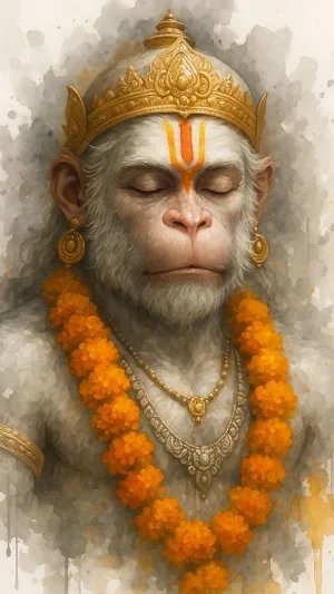 Divine Lord Hanuman Painting – Spiritual Art with Golden Crown & Mala
