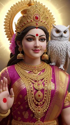 Goddess Lakshmi with Golden Crown and Owl – Divine Hindu Artwork