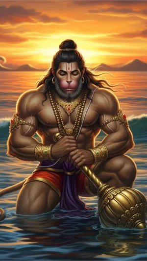 Hanuman Ji Sunset Wallpaper – Divine Strength in Meditation