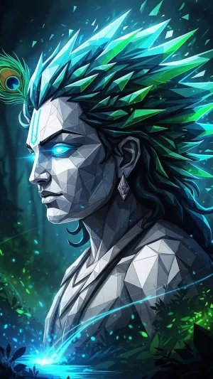 Polygon Style Lord Krishna Wallpaper with Glowing Aura