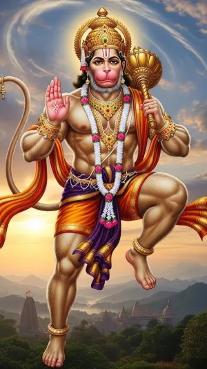 Flying Hanuman Ji Wallpaper with Gada and Divine Aura
