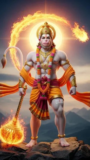 Lord Hanuman with Fiery Gada Divine Wallpaper