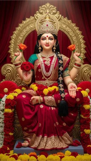 Goddess Lakshmi Devi in Red Saree HD Wallpaper