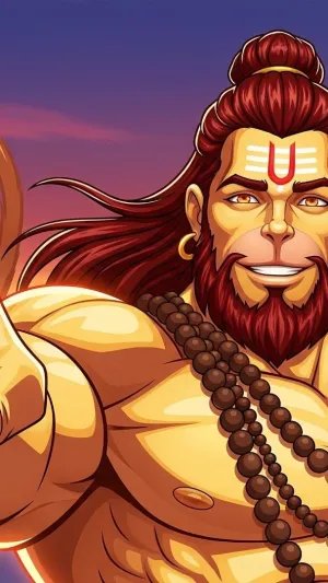 Powerful Hanuman Ji Cartoon Artwork with Mountain Sunset