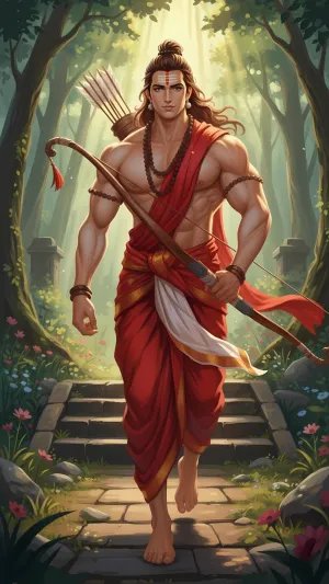Lord Shri Ram in Forest – Divine Warrior Walking with Bow | Ramayana Illustration