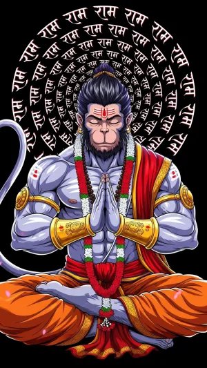 Powerful Meditative Hanuman with Ram Naam Aura – Divine Artwork