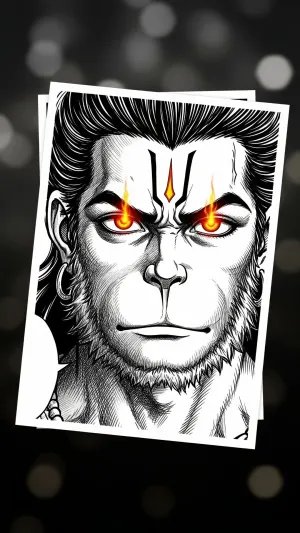 Fiery-Eyed Lord Hanuman Manga Art – Powerful Black & White Illustration