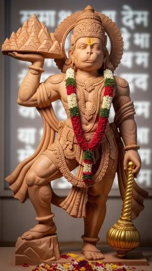 Wooden Hanuman Ji Idol with Sanjeevani Parvat HD Wallpaper