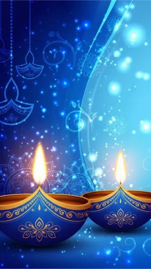 Beautiful Blue Diwali Background with Glowing Diyas and Mandala Lights