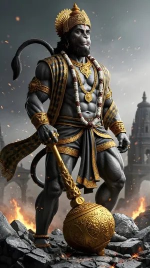 Majestic Lord Hanuman Standing with Golden Gada – Powerful Divine Warrior Artwork