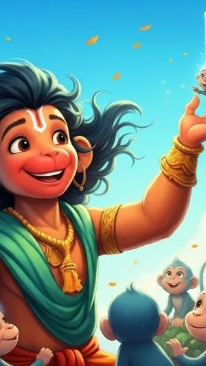 Baby Hanuman Playing with Little Monkeys in a Magical Jungle