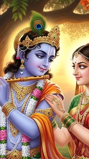 Radha Krishna Playing Flute Under a Blossoming Tree at Sunset