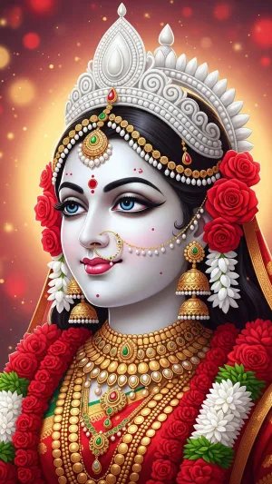Divine Mata Rani HD 3D Wallpaper with Golden Jewelry & Flowers