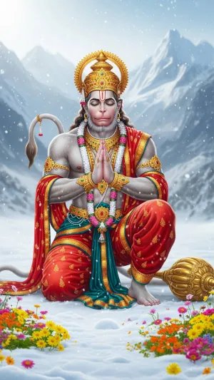 Hanuman in Deep Prayer Amid Himalayan Snow