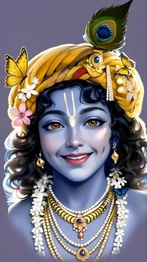 Smiling Lord Krishna with Divine Aura and Butterflies