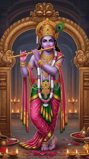 Shri Krishna Playing Flute in Divine Temple Aura