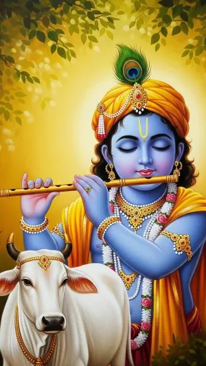 Shri Krishna with Flute and Cow in Divine Golden Aura
