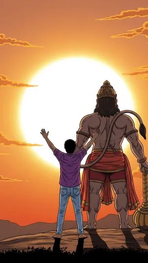 Hanuman Blessing a Boy at Sunrise