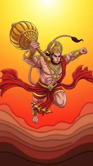 Flying Hanuman Artwork in Golden Sunrise Background