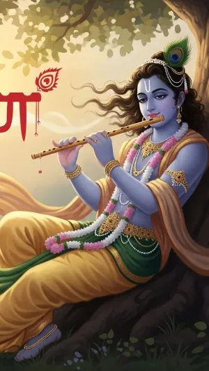 Shri Krishna Playing Flute Under Tree – Peaceful Divine Art