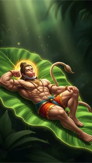 Hanuman Resting on the Divine Leaf in the Forest Glow