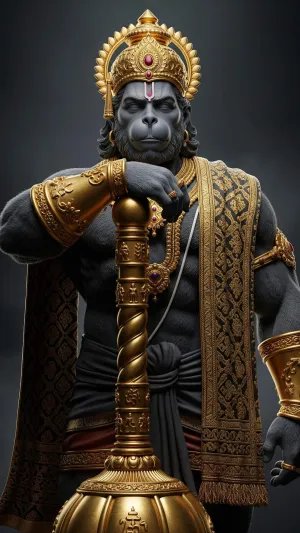 Golden Divine Hanuman Standing with Majestic Gada