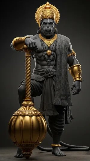 Majestic Black Stone Hanuman with Golden Gada