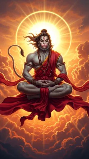 Divine Meditating Hanuman in Radiant Sunset Aura