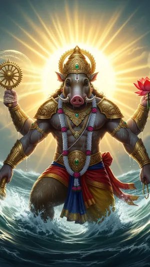 Divine Varaha Avatar Rising from the Cosmic Waters