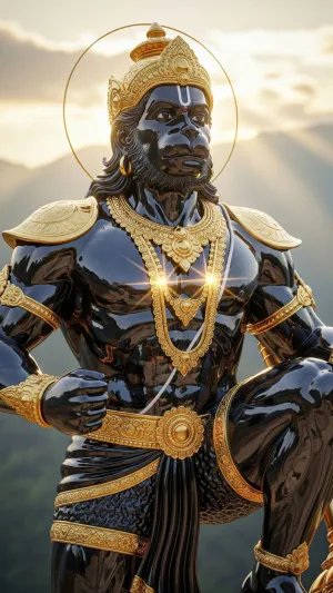 Divine Black Hanuman Statue with Golden Aura and Royal Ornaments